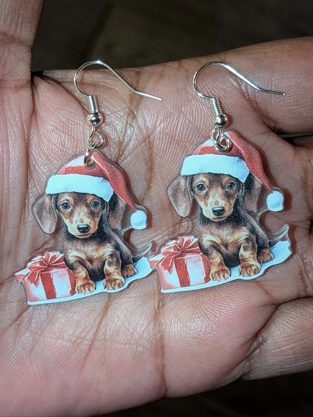 Hand Crafted Dachshund in Santa Hat Acrylic Drop Earrings - Red & Brown